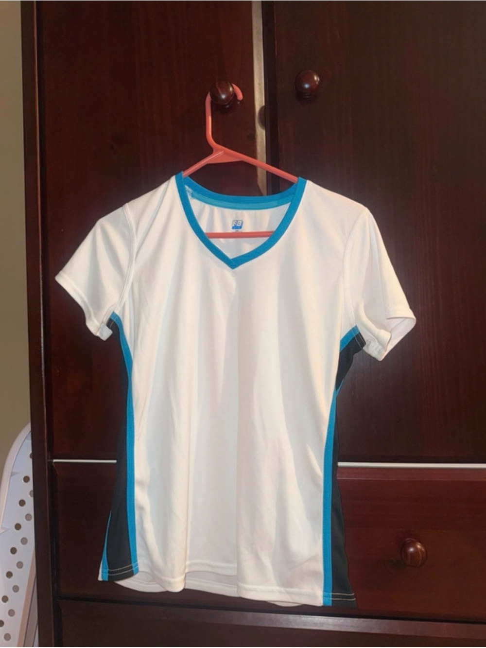 Women White Athletic V-Neck Tee with Blue Trim